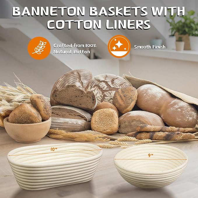 Dimpola Banneton Bread Proofing Basket Banneton Basket Set Sourdough Proofing Basket Round Proofing Bowls Handmade Rattan Baskets and Liners (Oval of 2 Gift Set)