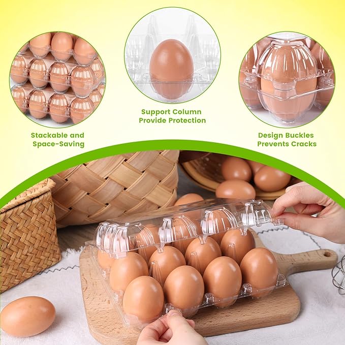 LOVEINUSA 100 Pack Clear Plastic Egg Cartons Bulk with Date Labels- Reusable 12-Count Dozen Holders for Small to Medium Eggs, Perfect for Farmers Market Display, Refrigerator Storage & Farm Transport