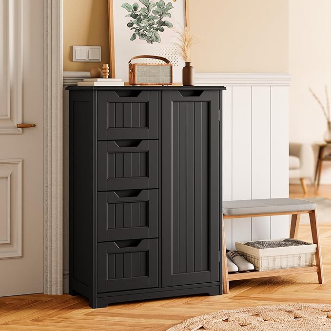 Gizoon Small Pantry Cabinet with Door and Shelves, 33'' Kitchen Pantry Cabinet Freestanding Wooden Bathroom Storage Cabinet with 4 Drawers for Kitchen and Dining Room, Black
