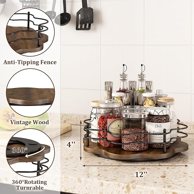 LIAISIMI 12" Lazy Susan Turntable Organizer,Round Wooden Lazy Susan Organization and Rotating Spice Rack for Dining Table,Pantry,Kitchen Countertop,Vanity,Cupboard and More.Heightened Version