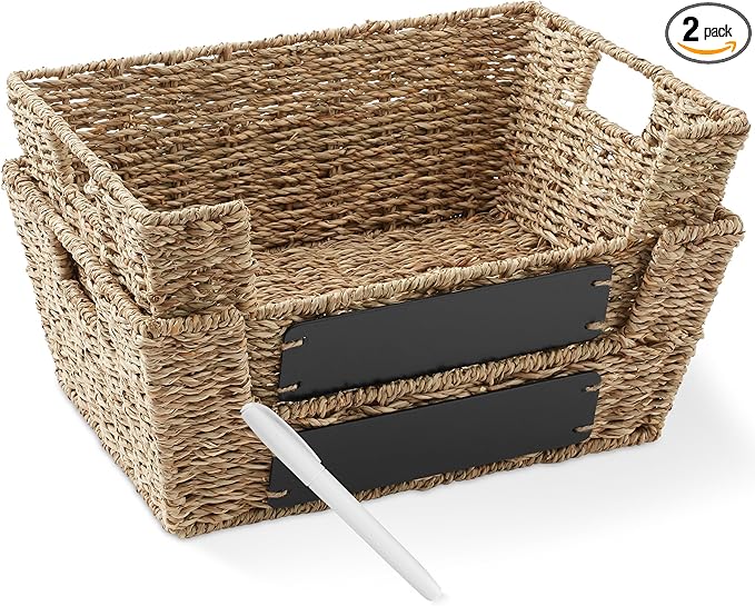 Casafield Set of 2 Seagrass Pantry Baskets with Handles, Chalkboard Labels and Marker - Natural, Wide Woven Storage Bin Organizers for Kitchen Shelves