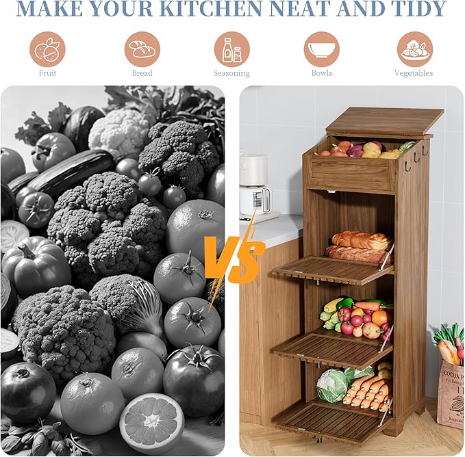 4 Tier Potato and Onion Storage Bins Box, Mid Century Modern Tall Large Fruit and Vegetable Basket Storage, Walnut Kitchen Pantry Cabinet for Snack, Wooden Bread Storage, Magnetic Flip-top