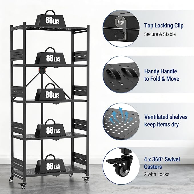 WORKPRO 5-Tier Folding Shelf, No-Assembly Metal Storage Rack with Wheels, 750 lbs Capacity (with Leveling Feet), Collapsible Shelving Unit for Kitchen, Pantry, Bathroom & Closet Organization