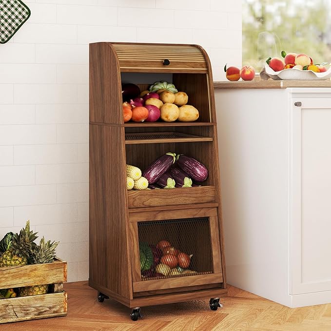 Movable Potato and Onion Storage Bins Box, Mid Century Modern Fruit and Vegetable Basket Storage with Sliding Door and Wheels, Food Kitchen Pantry Cabinet, Wooden Bread Storage, Walnut, Flip-top