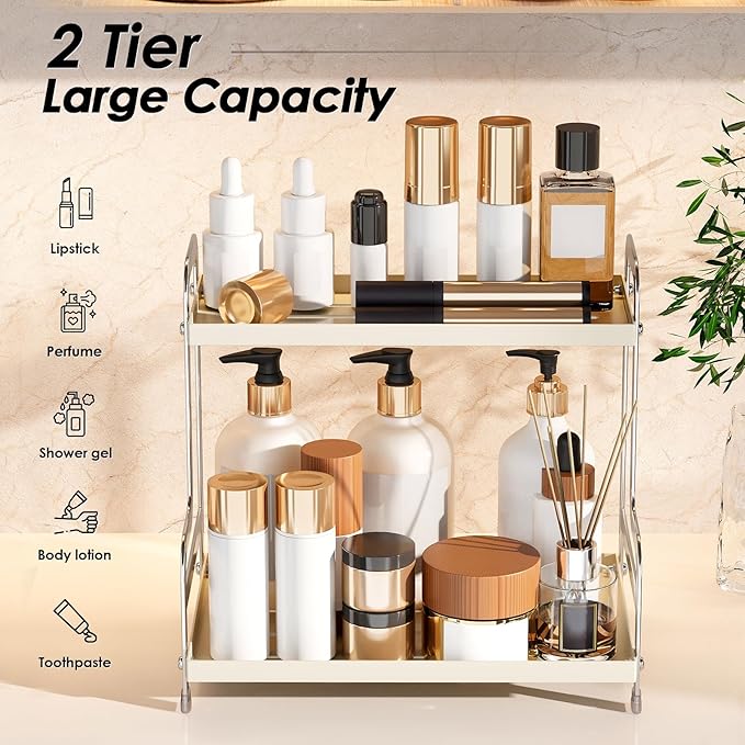 SanDream Bathroom Organizer Countertop, 2 Tier Bathroom Counter Organizer, Metal Sink Shelf for Makeup Bedroom Corner (White)