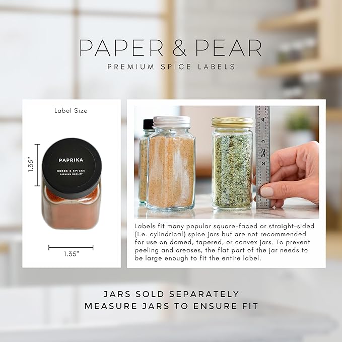 Modern Style Round Black Spice Labels Stickers Preprinted Waterproof by Paper & Pear - Oil Resistant Kitchen Pantry Labels for Home Improvement - 1.35 Inches Pantry Stickers - Set of 80 (No Jars)