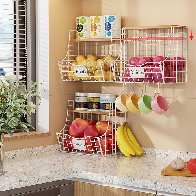3 Pack Hanging Fruit Basket for Kitchen with Wood Lid - Onion and Potato Storage Fruit Bowl with Nameplate for Counter&Wall Mounted, Stackable Storage Basket, Metal Hanging Wire Baskets White