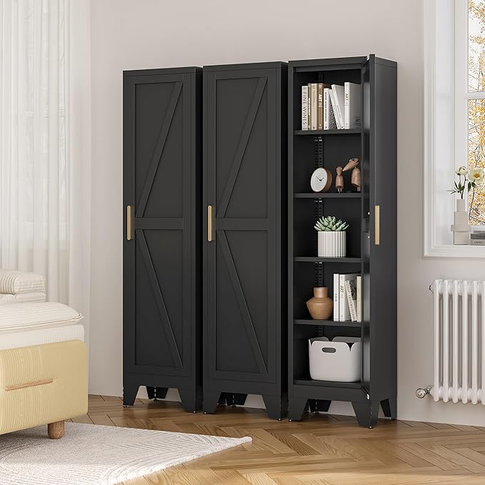 LCAOPC 67" Tall Narrow Bathroom Metal Storage Cabinet with 4 Adjustable Shelves, Freestanding 5 Tier Slim Pantry Storage Cabinet for Small Space, Black