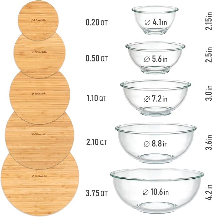 dokaworld Stackable Space-Saving Set of 5 Nesting Glass Bowls with Bamboo Lids for Foodprep, Storage, Baking, Mixing & Cooking, Microwave & Oven Safe BPA Free Heat Resistant Inert Borosilicate Glass