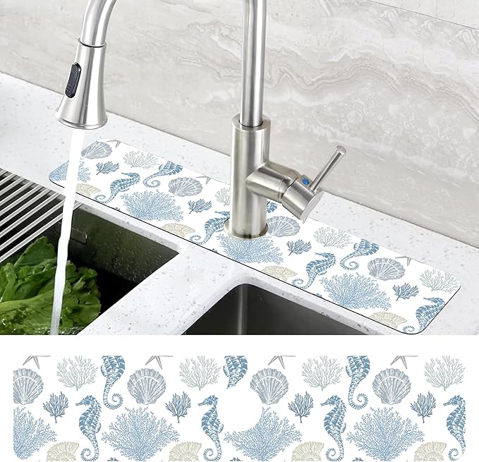 Marine Seashell Seahorse Coral Kitchen Sink Splash Guard Mat Absorbent Fast Drying Mat Faucet Draining Mat Sink Splash Guard Behind Faucet Drip Catcher for Kitchen Bathroom 5.5"×24"