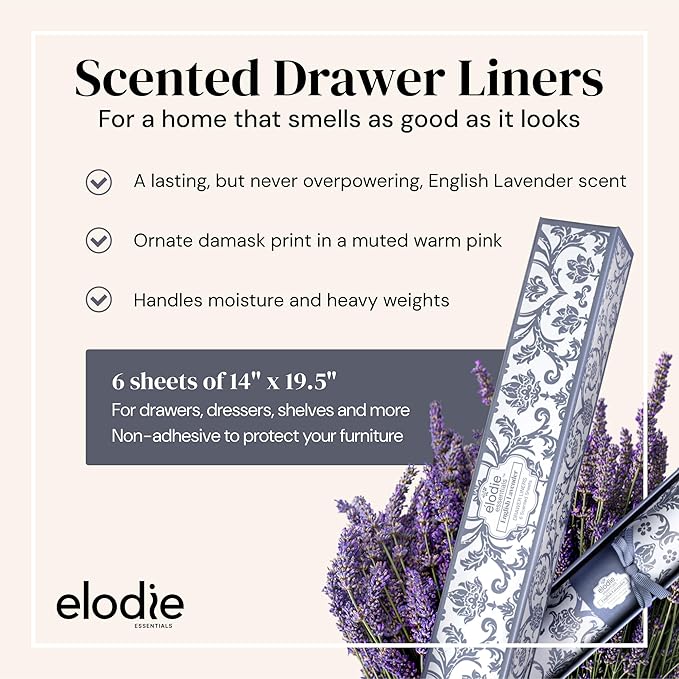 Drawer Liner Paper - 14" x 19.5", 6 Pack, Royal Damask, English Lavender - Non Adhesive Shelf Paper, Lavender Scented Drawer Liners for Bedroom Dresser, Home Gift Scented Sheets