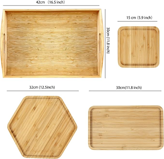 PAFREWOG Bamboo Serving Trays 16.5"x11.8"（42x30cm with Handle, Set Includes 1xHexagon 12.5"(32cm)+1xRectangle 9.8"(25cm)*5.9"(15cm)+1xSquare 5.9"(15cm) Dinner Plates Cheese Cutting Board