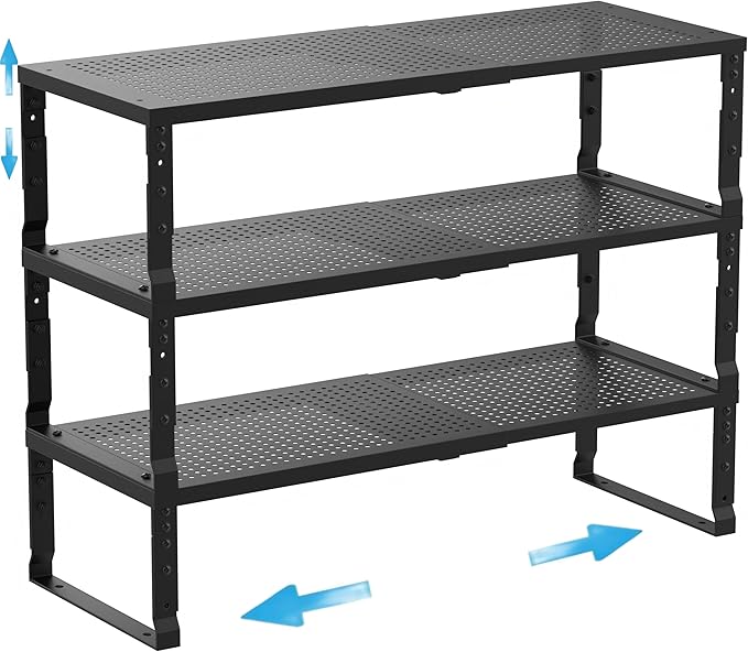 Wobmmi Expandable Spice Rack Kitchen Cabinet Shelf Organizer, Stackable Storage Shelves Racks, Adjustable Counter Shelving for Cabinets, Countertop, Cupboard,Pantry and More(3Packs/Black/Large)