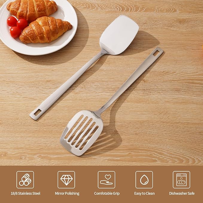 MAXCOOK Stainless Steel Spatulas Set, 2 Pcs Metal Spatula Wok Turner, Silver Slotted Turner, Solid Turner, Wok Spatula Kitchen Cooking Tools for Sauteing, Flipping, Grilling (Dishwasher Safe)