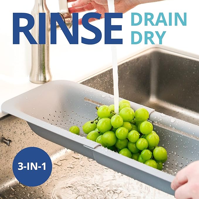 BLUE GINKGO Over the Sink Colander Strainer Basket - Wash Vegetables and Fruits, Drain Cooked Pasta and Dry Dishes - Extendable - New Home Kitchen Essentials (7.9W x 14-19L x 2.75H) - Gray