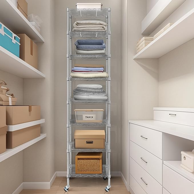 Finnhomy Heavy Duty 8 Tier Wire Shelving with Wheels 18x18x78.7-inches 8 Shelves Metal Storage Rack Thicken Steel Tube, Pantry Shelves for Storage, Adjustable Shelving Unit, NSF Certified, Chrome