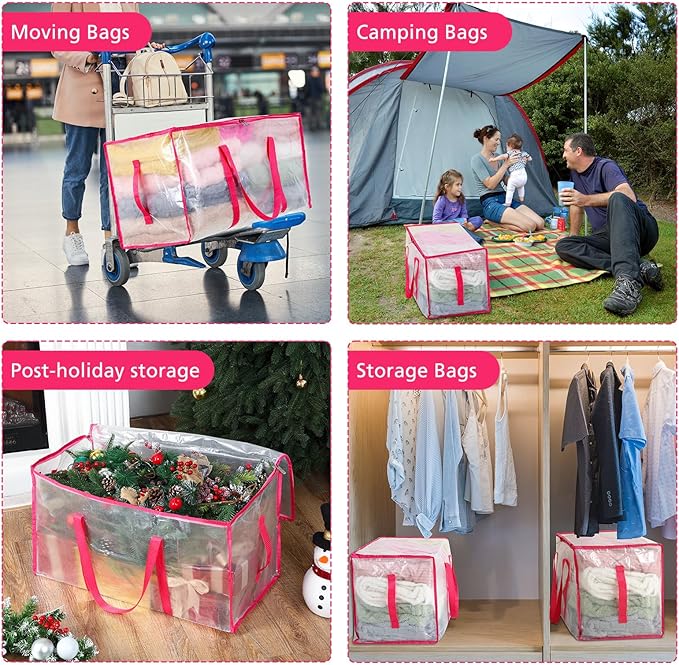 Aliceset 12-Pack Clear Moving Bags 90.84L Heavy Duty Extra Large Storage Totes with Reinforced Handles & Zippers, for Moving, College Dorm, Traveling(Pink)