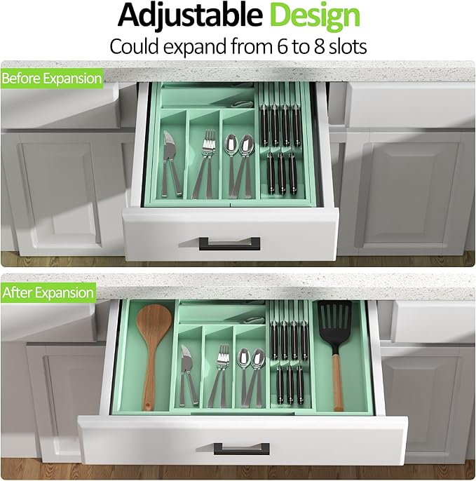 Thalomely Bamboo Kitchen Drawer Organizer, Expandable Silverware Organizer with Removable Knife Block, 6-8 Slots- Utensil Holder & Cutlery Tray Drawer Dividers, 2.36" Deep for Extra Capacity, Cyan
