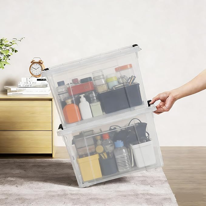 22 Qt Latching Storage Box, Stackable Bin with Latch Lid, Plastic Storage Container Tote, Clear, 4-Pack