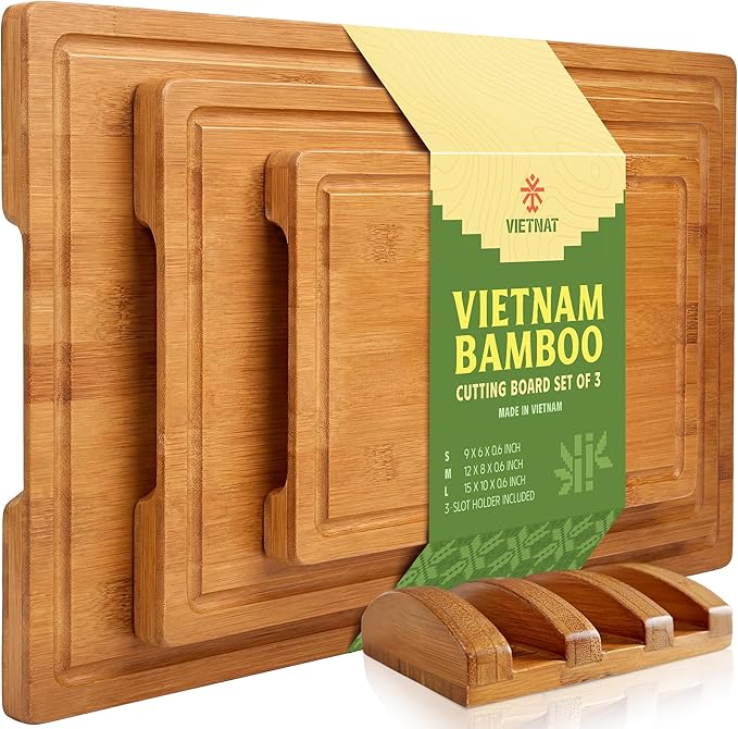Vietnam Carbonized Bamboo Cutting Board Set of 3 with Holder, Non Toxic Reversible Boards with Juice Groove, Smooth Finish and Non Slip Feet, Handmade in Vietnam for Prep and Charcuterie