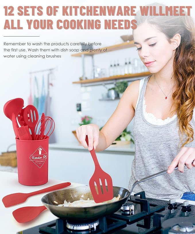 Pranski Kitchen Utensils Set-12 Pieces Silicone Cooking Utensils Set (Dishwasher Safe) 392°F Heat Resistant Spatula Set, Nonstick Cookware