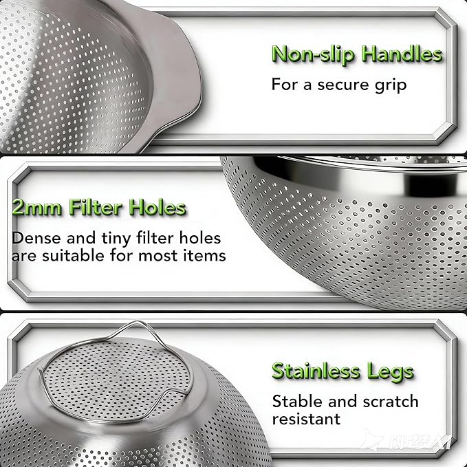 304 Stainless Steel Colander, 2.5 QT Capacity and 2.5 QT Mixing Bowl, Micropore Strainer for Washing Rice, Fruit, and Veggies, Perfect Draining for Cooked Pasta
