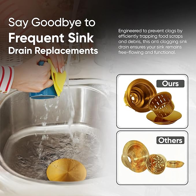 Strictly Sinks Sink Drain Strainer with Removable Basket - 3-1/2 Inch Stainless Steel Round Kitchen Sink Drain Assembly Kit with Deep Strainer Basket & Flat Cover Lid (Gold)