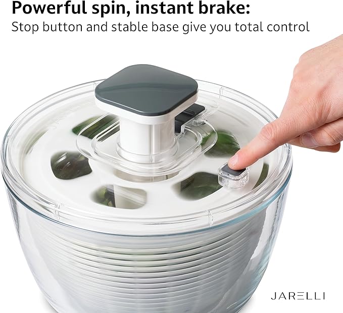 JARELLI Glass Salad Spinner Large Capacity 6.3QT with Storage Lid | Boroscilicate Glass Bowl and BPA-Free and Food-Safe Colander, Base, Spinner Lid and Storage Lid | Washing, Spinning, and Draining