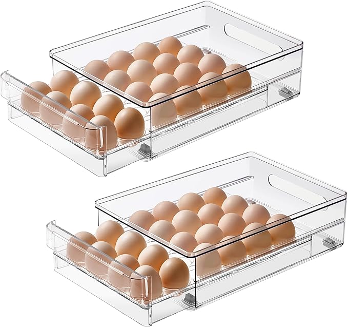 vacane Egg Holder for Refrigerator, 48 Capacity Clear Egg Storage Drawer with Non-Slip Pads, Stackable BPA-Free Egg Organizer Tray for Fridge