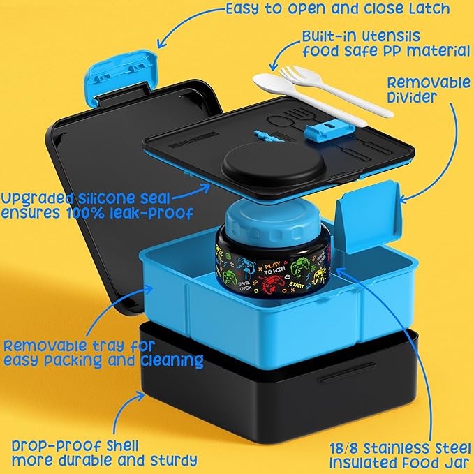 Fimibuke Bento lunch Box Set for Kids Adult with 8oz Insulated Food Jar, Lunch Bag & Sauce Cup, Leakproof Dishwasher Safe Toddler Lunch Food Container with 3-4 Compartment for School Girls Boys