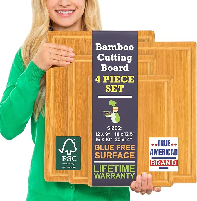Glue-Free Surface™ 2XL Extra Large Bamboo Cutting Board Set of 4 – Small, Medium, XL, and Oversized Sizes from Chopping Vegetables to Carving Meat & Turkey for Large Family Meal Prep and Gatherings