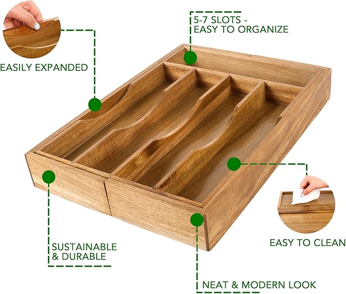 oridom Expandable Acacia Kitchen Drawer Organizer for Cutlery and Utensils, Adjustable Acacia Wood Cutlery Tray in Drawer for Flatware and Silverware in Kitchen