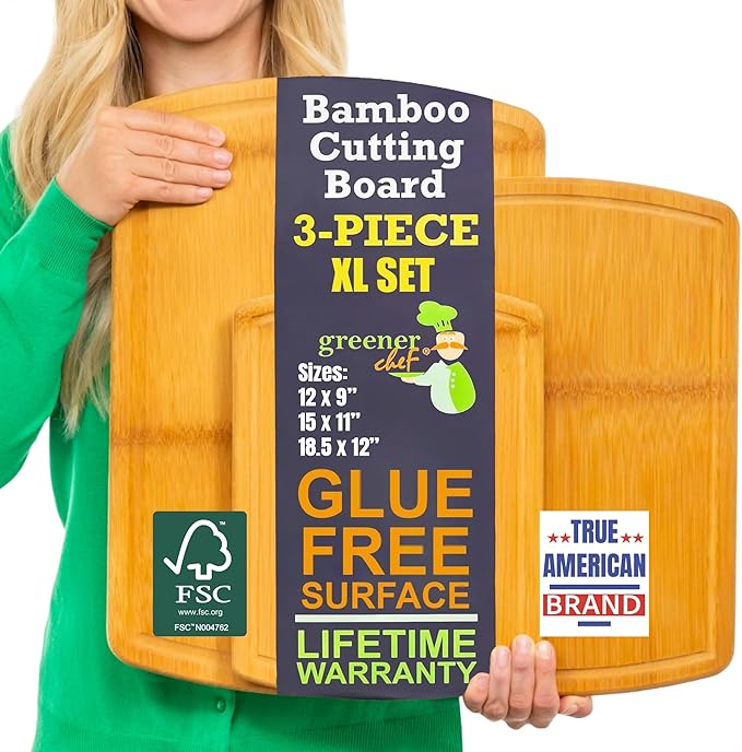 Organic Bamboo Cutting Board Set of 3 with Glue-Free Surface and Lifetime Replacements – Wooden Chopping Board for Kitchen with Juice Grooves for Carving & Serving, Non Toxic & Durable by Greener Chef
