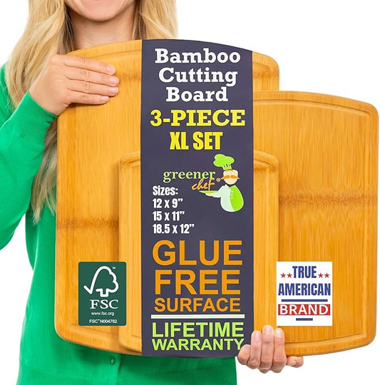 Organic Bamboo Cutting Board Set of 3 with Glue-Free Surface and Lifetime Replacements – Wooden Chopping Board for Kitchen with Juice Grooves for Carving & Serving, Non Toxic & Durable by Greener Chef