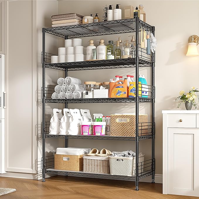 71.5‘’H Wire Shelving Unit With Shelf Linker,5 Tier Metal Shelving Pantry Kitchen Shelves with Side Blockers,Adjustable Standing Storage Shelves Rack with Hooks,Shelf for Utility Room,Basement,office