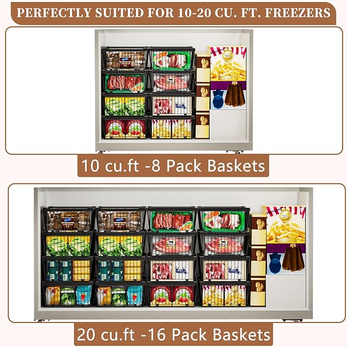 Large Freezer Organizer Bins，Upgraded Bottom Leak-Proof net，Fit 10 to 20 Cu.Ft Deep Freezer，2 Pack， Expandable Stackable Chest Freezer Organizer Bins , for Fridge, Deep Freezer, Cabinet