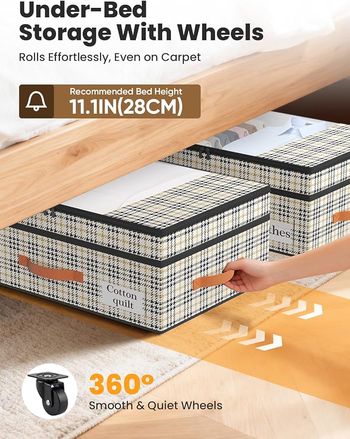 TOSKING Under Bed Storage with Wheels 2 Pack, Adjustable Height 7.9"-10.2", 6 Vacuum Bags, 900D Oxford Rolling Underbed Bins, Heavy Duty Drawer Organizer, Organizer for Clothes, Shoes, Houndstooth