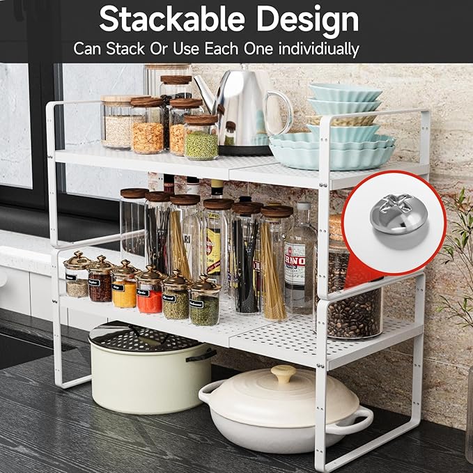 jkxoo 2Pack Expandable Cabinet Shelf Organizers, Stackable Metal Shelves Extender for Kitchen Countertop Storage, Adjustable Spices Shelves Rack Stand for Cupboard Pantry, Black