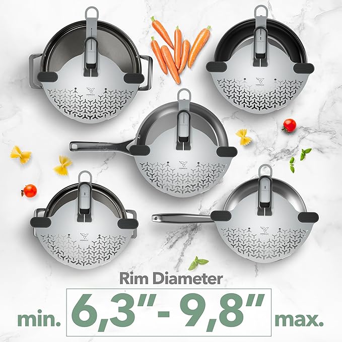 Kitchen Strainer & Pot Drainer Clip-On Stainless Steel Colander for Pots & Pans (6.3-9.8 in / 16-24 cm) | Universal Fit Pasta & Noodle Strainer | Hands-Free Swiss Design, Dishwasher-Safe