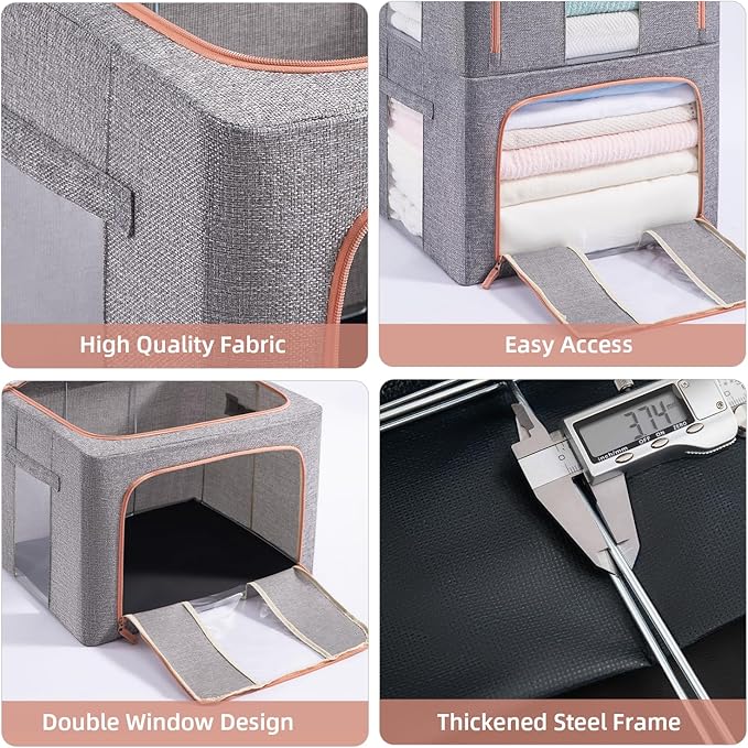 GuliPostan 3 Pack 100L Stackable Clothes Storage Bins with Metal Frame Handles & Zipper, Collapsible Closet Organizer Box with Lid for Bedding Blankets Towel (Grey)