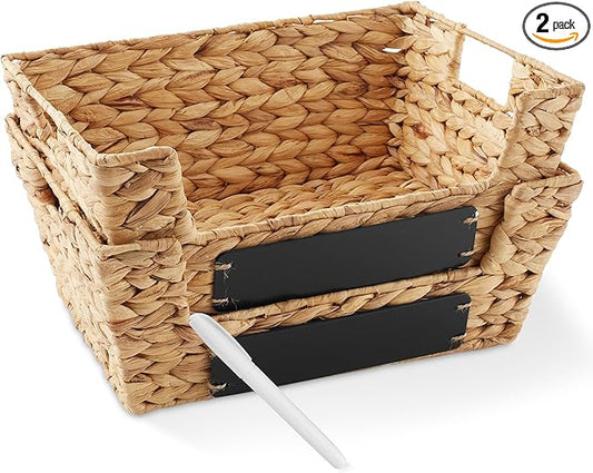 Casafield Set of 2 Water Hyacinth Pantry Baskets with Handles, Chalkboard Labels, and Marker - Natural, Wide Woven Storage Bin Organizers for Kitchen Shelves