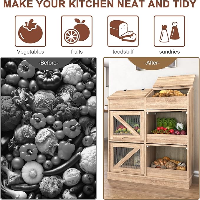 Potato Storage Bin Bread Box W/Lid,Rustic Onion&Fruit Organizer with Wood Hidden Door,Farmhouse Grocery Section Decorative,Vegetable Organization Cabinet W/Mesh Door for Kitchen Dining Room(Natural)