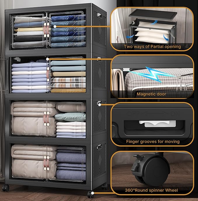 Extra Large Stackable Storage Bins with Lids & Wheels, 440QT-55QT/30GAL*8Pack Foldable Collapsible Closet Organizers Dark Storage Cabinet with Doors for Bedroom Dorm