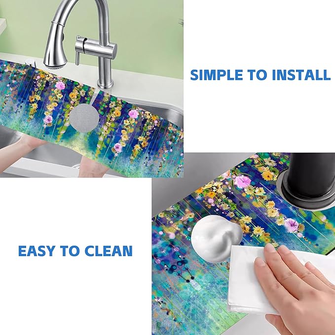 Abstract Watercolor Floral Kitchen Sink Splash Guard Mat Absorbent Fast Drying Mat Faucet Draining Mat Sink Splash Guard Behind Faucet Drip Catcher for Kitchen Bathroom 5.5"×24"