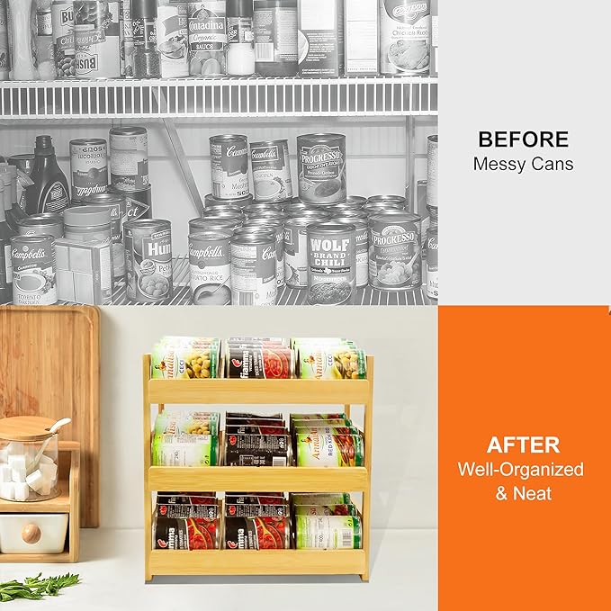 MinBoo Bamboo Can Organizer for Pantry - Stackable Can Rack for 36 Cans, Canned Food Storage, Pantry Shelf, Kitchen Cabinet or Countertop,Large