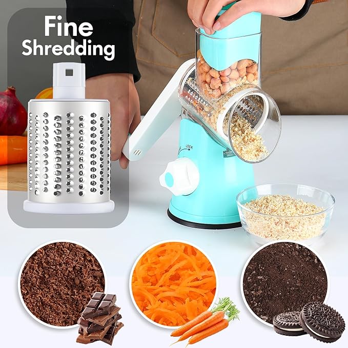 Ancevsk Cheese Grater Hand Crank, Rotary Vegetable Shredder with Handle and Strong Suction base, 3 in 1 Kitchen Speed Spin Veggie Slicer Nut Grinder for Pizza Top, Hash brown, Salad and More (Blue)