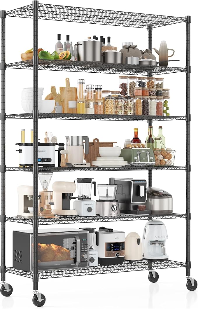 Homdox Heavy Duty Storage Shelves, 6 Tier Wire Shelving Unit with Wheels, Commercial Adjustable Metal Shelves for Storage, Garage Rack Pantry Shelves Kitchen Shelving, 18"x48"x82", Black
