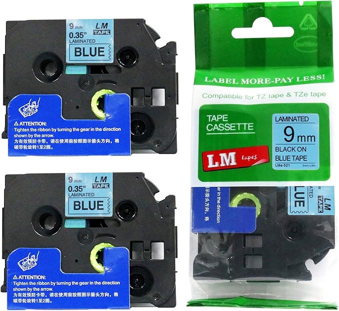 2/Pack LM Tapes - LMe521 Premium 3/8" Black Print on Blue Label Compatible with P-Touch TZe521 Tape and Includes Tape Color/Size Guide. Replaces Ptouch TZ521 9mm 0.35 Laminated.