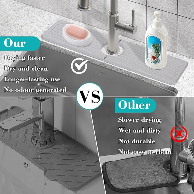 Stone Faucet Mat for Kitchen Sink, 23.6" Diatomite Drying Stone Kitchen Sink Mat Super Absorbent, Stone Kitchen Sink Splash Guard, Sink Stone Quick Dry Around Faucet for Kitchen Bathroom Counter
