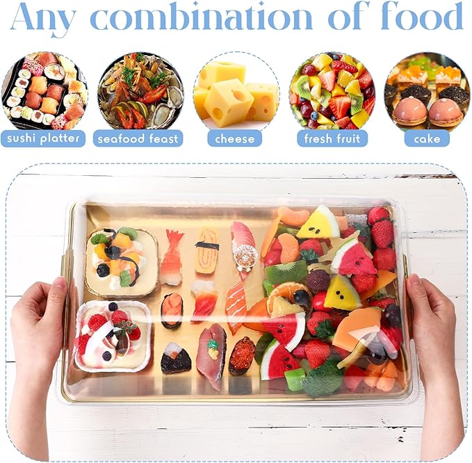 Baderke 1 Set 16" x 9.45" Chilled Serving Tray for Parties with Compartments and Lid Charcuterie Serving Board Ice Rectangle Chilled Party Platter for Seafood Vegetable Fruit Shrimp Cocktail (Gold)